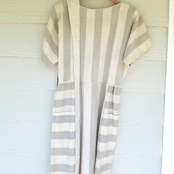 *SOLD*Vintage 80s Minimalist Lagenlook Dress Gray/Oat Color Belted Pockets - Picture 14 of 16